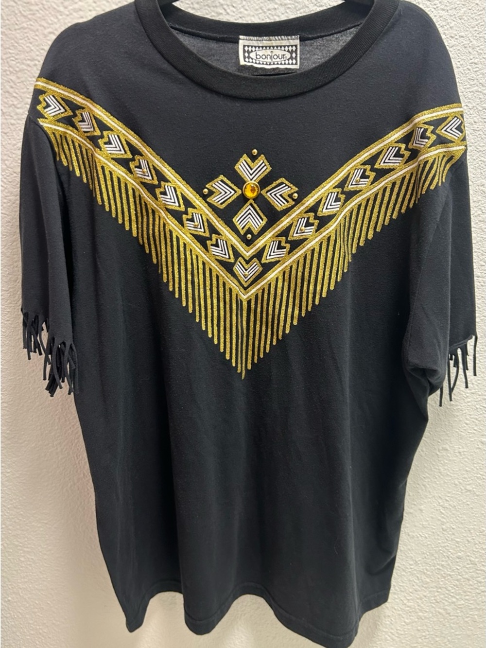 Vintage Bonjour Black Short Sleeve Tee with Gold Embroidered Fringe
